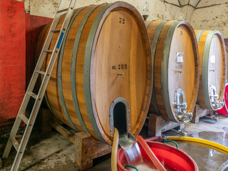 A large wooden barrel for wine aging is washed and disinfected in a Tuscan winery in the Chianti...