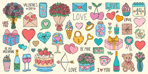 Valentines Day doodles set. Valentines day stickers and patch badges set. Love symbols. Romantic elements collection. I love you. Wedding and marriage.