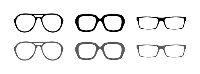 Icons of different glasses. Black, eye glasses layout, vision glasses mockups. Vector icons