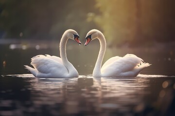 A pair of graceful swans gliding across a serene lake, their elegant necks forming a perfect heart...