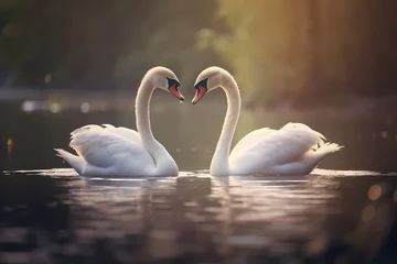 Tuinposter A pair of graceful swans gliding across a serene lake, their elegant necks forming a perfect heart shape. © Animals
