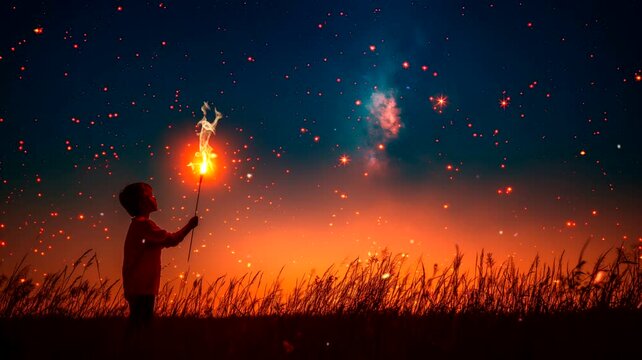 Little boy with torch in meadow at night. Seamless looping time-lapse 4k video animation background
