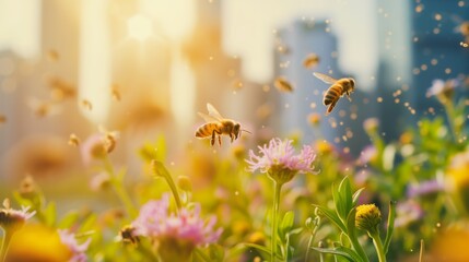 Urban garden buzzing with activity as bees pollinate flowers amidst the city , the growing trend of beekeeping in urban environments - obrazy, fototapety, plakaty