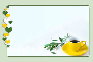 黄色のカップの珈琲とオリーブの枝とハートフレーム（白背景）