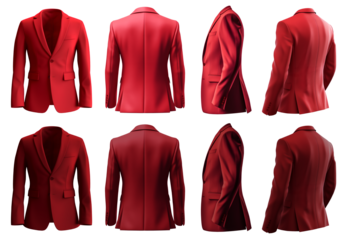 2 Set of red maroon, front back side view, business collar suit blazer jacket coat on transparent background cutout, PNG file. Mockup template for artwork graphic design

