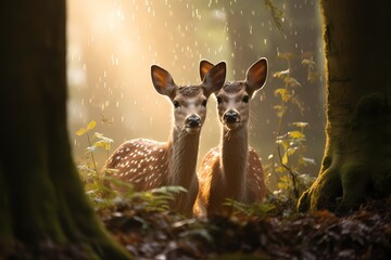 A pair of inquisitive deer noses, close-up and covered in morning dew, as they graze peacefully in...