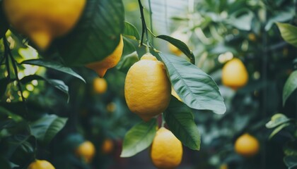 Ripe lemons on tree in greenhouse, ready for harvest, with copy space for text, agriculture concept. - obrazy, fototapety, plakaty