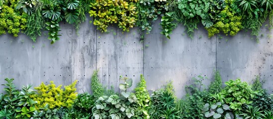 a row of plants growing on a concrete wall . High quality