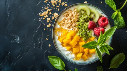 Bowl of creamy yogurt topped with fresh fruits - obrazy, fototapety, plakaty