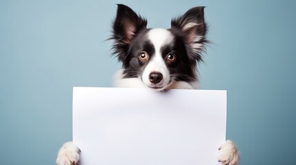 cute dog holding blank white paper, funny pet portrait mock up idea,  Generative Ai - obrazy, fototapety, plakaty