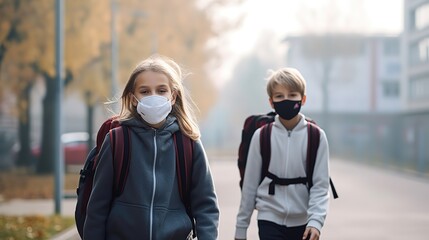 two children walking to school in morning wearing facemask protection from air pollution, Generative Ai