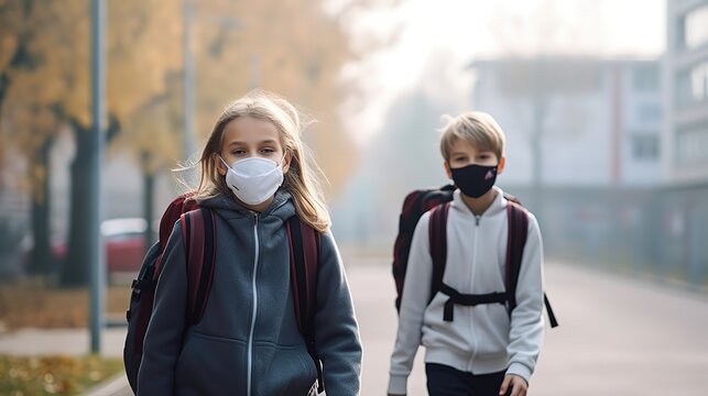 two children walking to school in morning wearing facemask protection from air pollution, Generative Ai