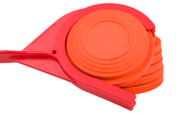 clay target thrower with orange clay targets, close up view