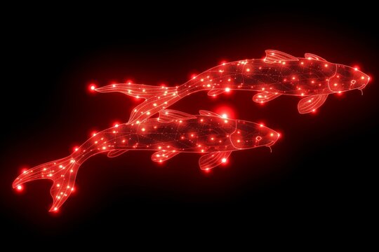 Pisces zodiac sign glowing in vibrant red color on dark black background   vector illustration