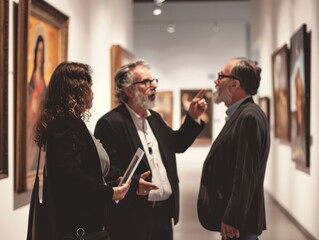 An art dealer and collector examining a painting in a gallery, detailed expressions  - obrazy, fototapety, plakaty