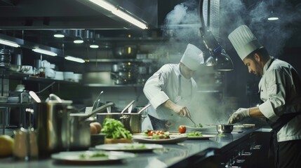Two chefs in a competition, preparing dishes under time pressure, kitchen bustling --ar 16:9 --stylize 50 --v 6 Job ID: adfea15e-a394-4e82-a628-b20afb55d693