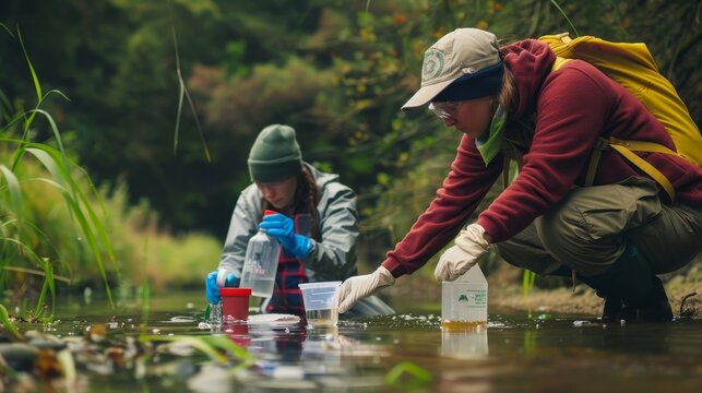 Two environmental scientists testing water samples in a river, lab equipment in use 