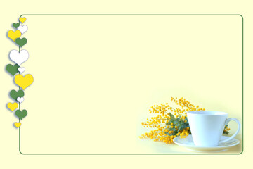ミモザとコーヒーのハートフレーム（黄色の背景）