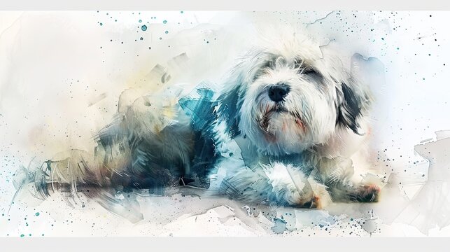 Whimsical Watercolor Portrait of Old English Sheepdog on White Background