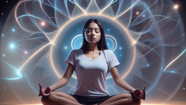 Spiritual woman meditating in astral energy. Seamless loop spiritual background.	