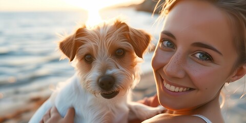 Portrait of a beautiful young woman with her dog on the beach
