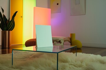 Obraz premium Contemporary room with colorful lighting and minimalist decor on a furry rug