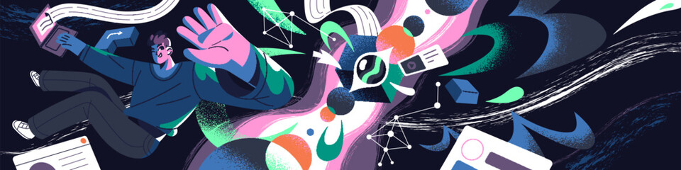 Neuron network concept. AI technology. Machine learning, engineering tech, big data, analytics process. Stream of information. Abstract background of artificial intelligence. Flat vector illustration