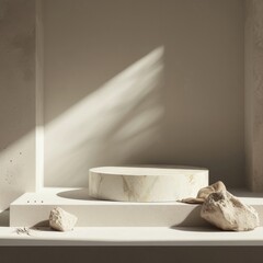 Fototapeta na wymiar Sophisticated marble podium in sunlit corner with dynamic shadows for high-end product display