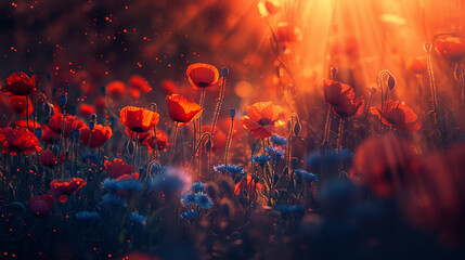 Field with red poppy and blue cornflowers at golden hour. Natural summer banner. - obrazy, fototapety, plakaty