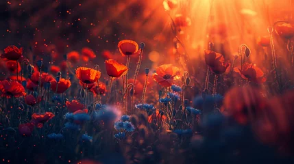 Foto op Canvas Field with red poppy and blue cornflowers at golden hour. Natural summer banner. © Tanya