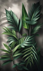 Graphic exotic plants on the concrete grunge wall. Design for photo wallpaper, wallpaper, mural. Design in the loft, classic, modern style. Tropical leaves and bamboo, Generative AI