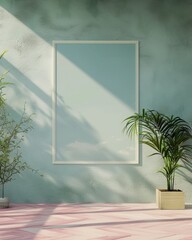 Retro styled indoor potted house plants with a blank frame on a solid pastel green wall background.