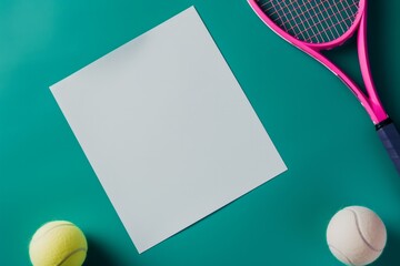 Minimalist tennis mockup with a white card, racket, and ball on green court, perfect for sportive and fresh designs