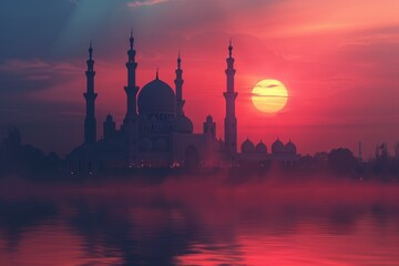 Obraz premium Misty Dawn over a Mosque with Silhouette of Minarets against a Red Sky