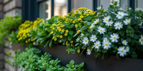 Fototapeta na wymiar Flowers in pots on the windowsill of a modern house.