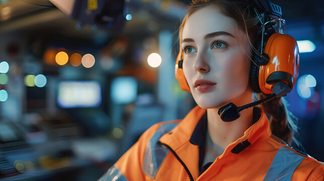 Flight officer in orange jumpsuit, equipped with avionics communication set, at ready in command of the skies.