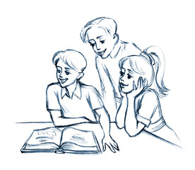 Pencil drawing. Kids reading a book