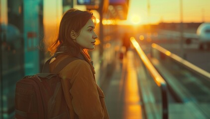 Bustling expanse of airport terminal young woman traveler stands poised for adventure journey symbolized by suitcase effortlessly wheels along embodies spirit of modern tourism