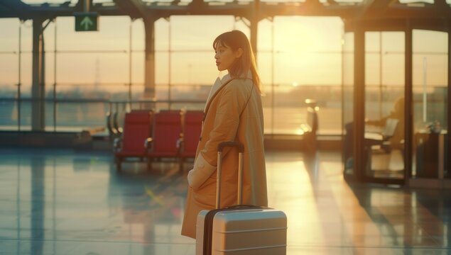 Bustling expanse of airport terminal young woman traveler stands poised for adventure journey symbolized by suitcase effortlessly wheels along embodies spirit of modern tourism