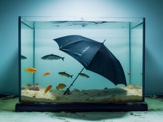 Surreal concept of an umbrella in a sand-filled aquarium with fish, challenging perceptions of environment and context