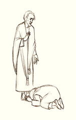 Pencil drawing. A woman begs the prophet Elisha for help