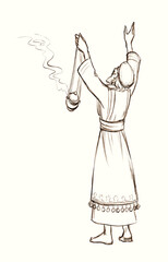 Pencil drawing. The priest lifts up the incense before God