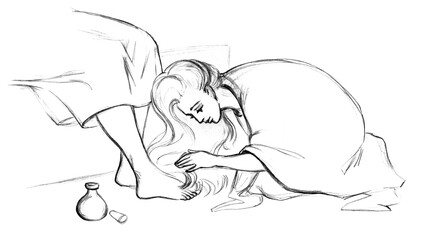 A woman washes the feet of Christ. Pencil drawing