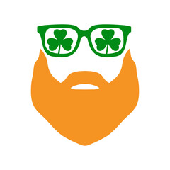Día de San Patricio. Logo con silueta de gafas de sol con treboles y barba pelirroja para su uso en felicitaciones y tarjetas