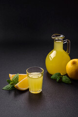 Alcoholic drink yellow limoncello in a small glass