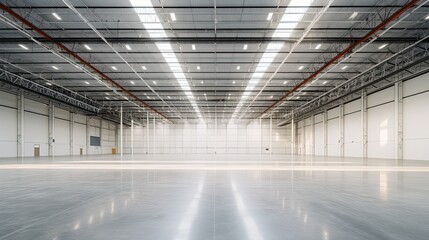 An inside view of a large and clean industrial warehouse, visible metal frame, parquet painted white on the ground, clean white walls, natural light coming from roof windows, additional industrial lig