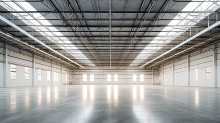 Obraz premium An inside view of a large and clean industrial warehouse, visible metal frame, parquet painted white on the ground, clean white walls, natural light coming from roof windows, additional industrial lig