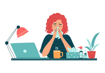 Sick woman employee with runny nose and hanky work on laptop. Unhealthy female worker feel sick virus, busy with online job. Girl use medicine from fever, flu or cold. Isolated vector illustration