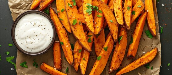 Delicious freshly baked sweet potato fries served with a side of creamy ranch sauce - Powered by Adobe