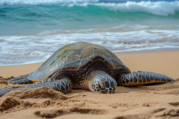 Fototapeta premium A large land turtle lies on the ocean shore. Huge Green Turtle heading back to ocean after having laid eggs on beach. Unique hatching place. Hawaiian turtle on the sand beach on the ocean shore